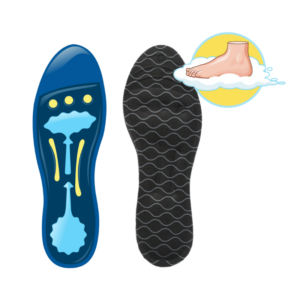 two liquid insoles, one an illustration of the internal liquid pockets, with an icon of a foot on a cloud