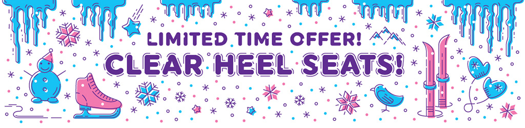 a winter banner that says "limited time offer! clear heel seats" with snowflakes and holiday icons all around